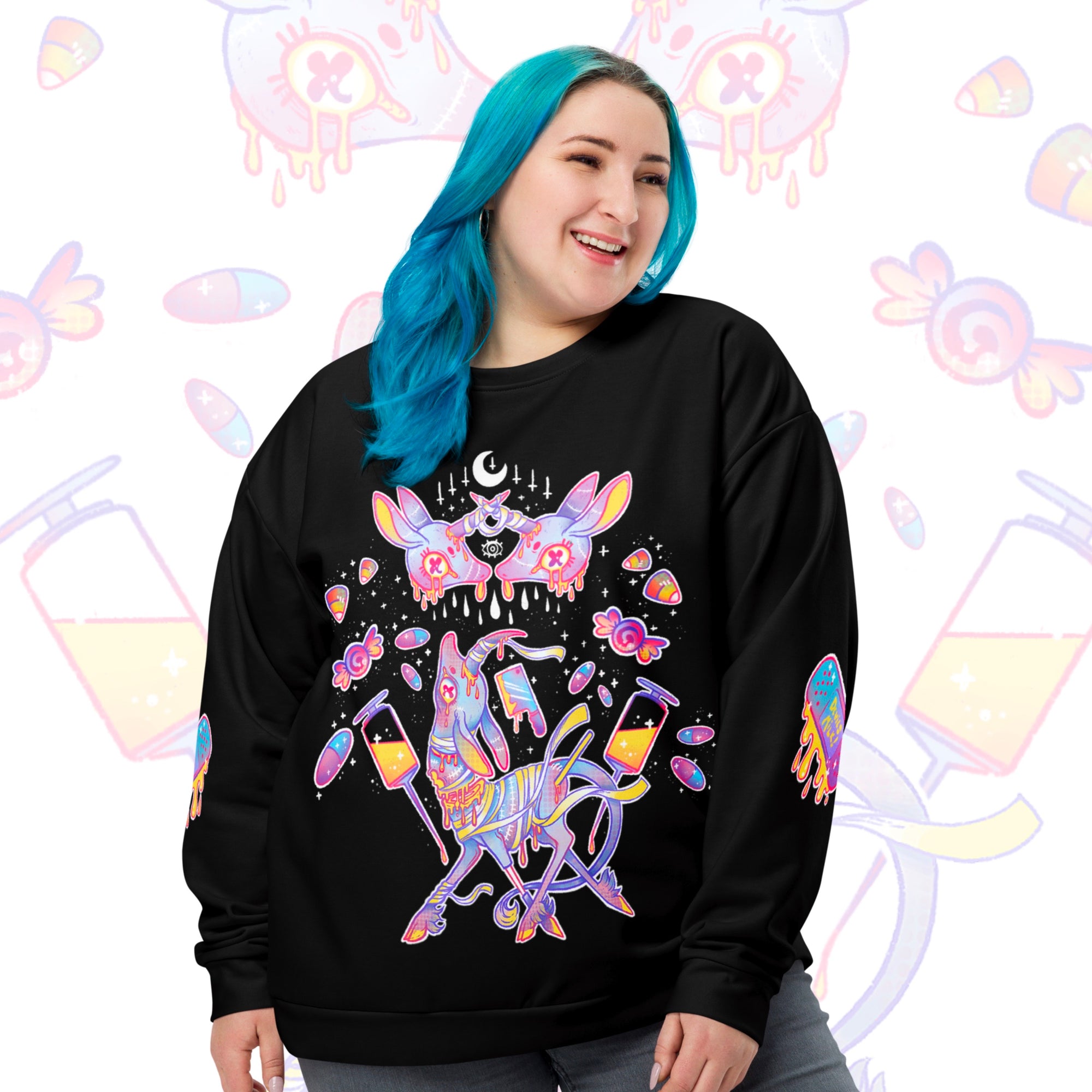 "Candy Gore X Unicorns (And Also Drugs)" All Over Print Sweater